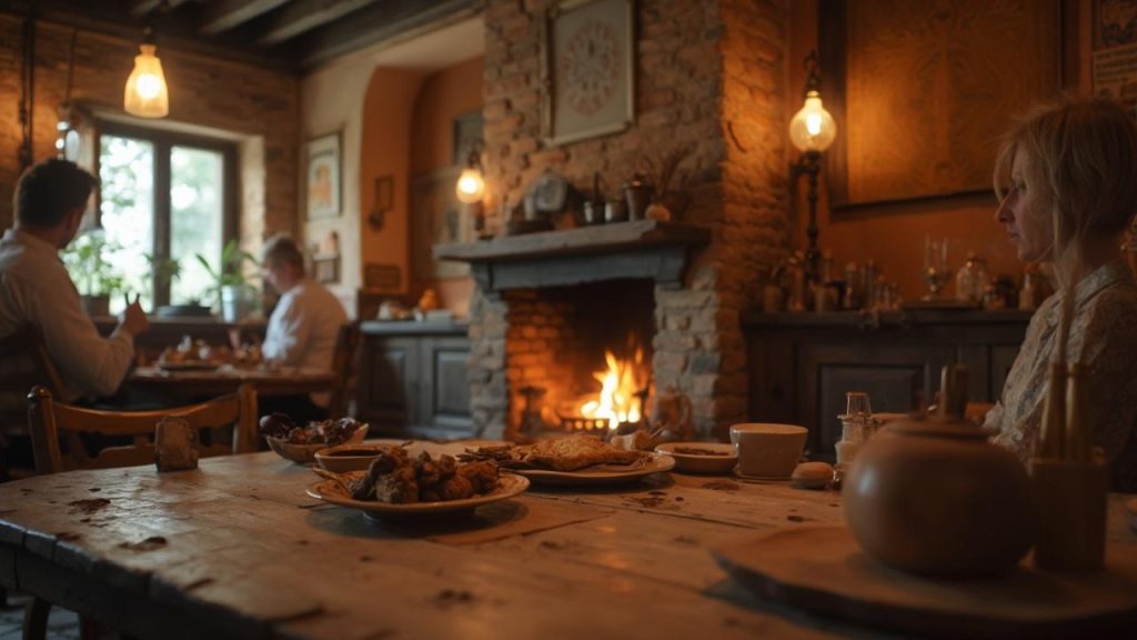 repas convivial autour d'une cheminée dans une ferme auberge
